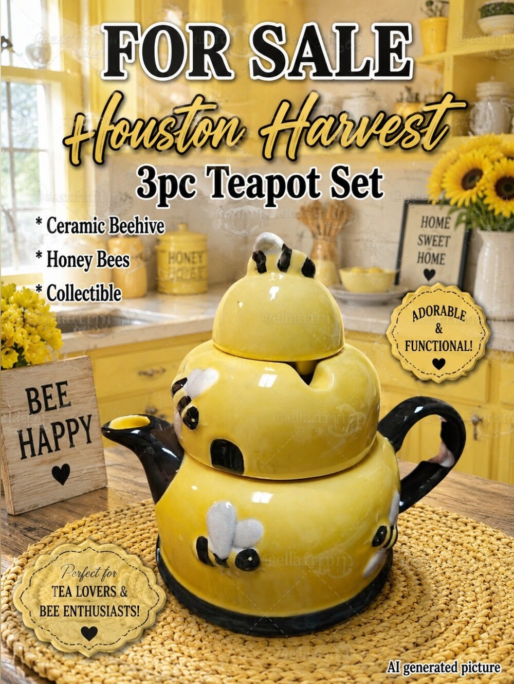 Houston Harvest 3pc Teapot Set Ceramic Beehive Honey Bees Yellow Black